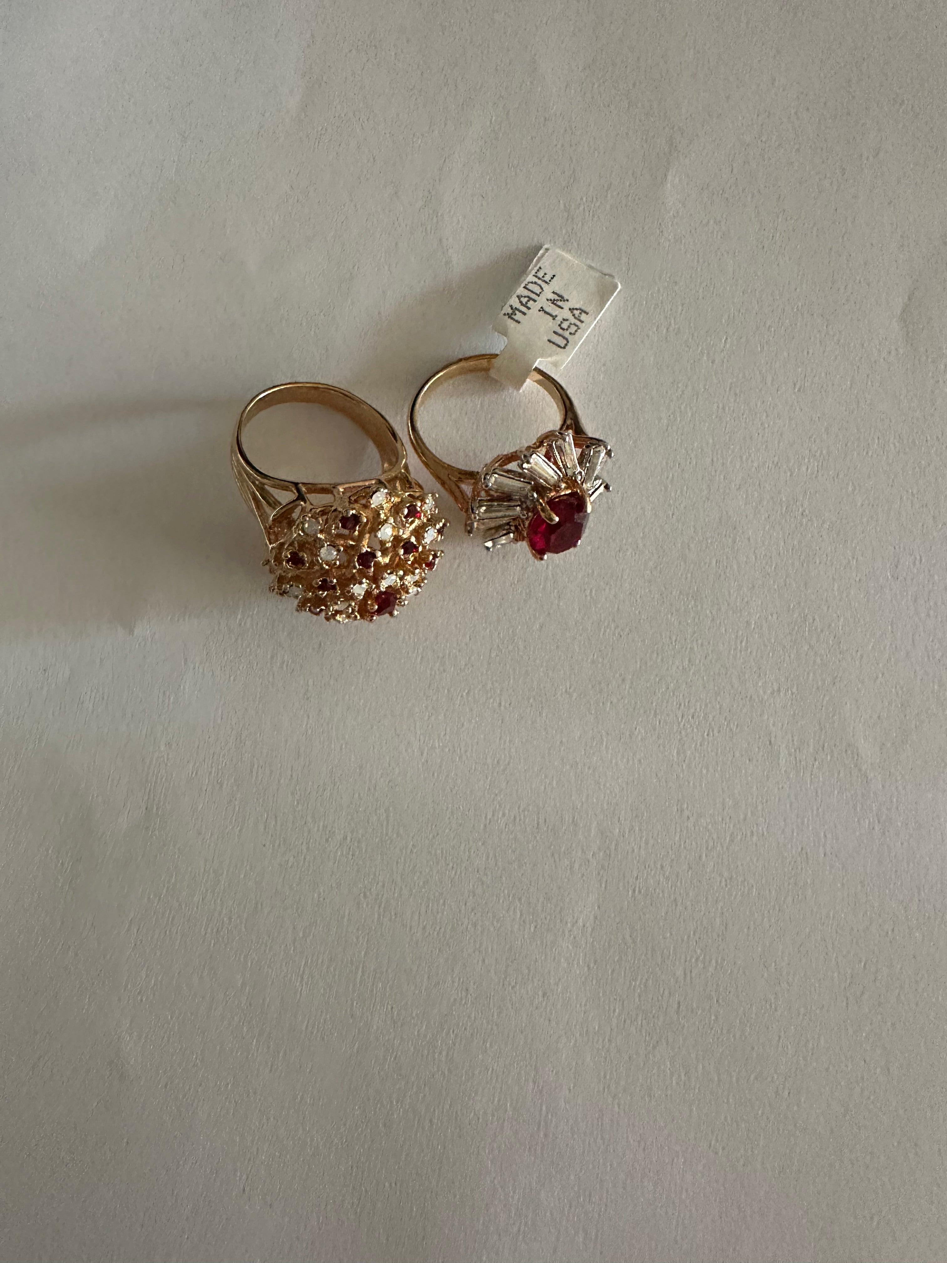 Vintage New Stock Rings Huge Jewelry Ruby and Clear Crystal Cocktail 2 Rings in 18kt Gold Electroplate Made in the USA