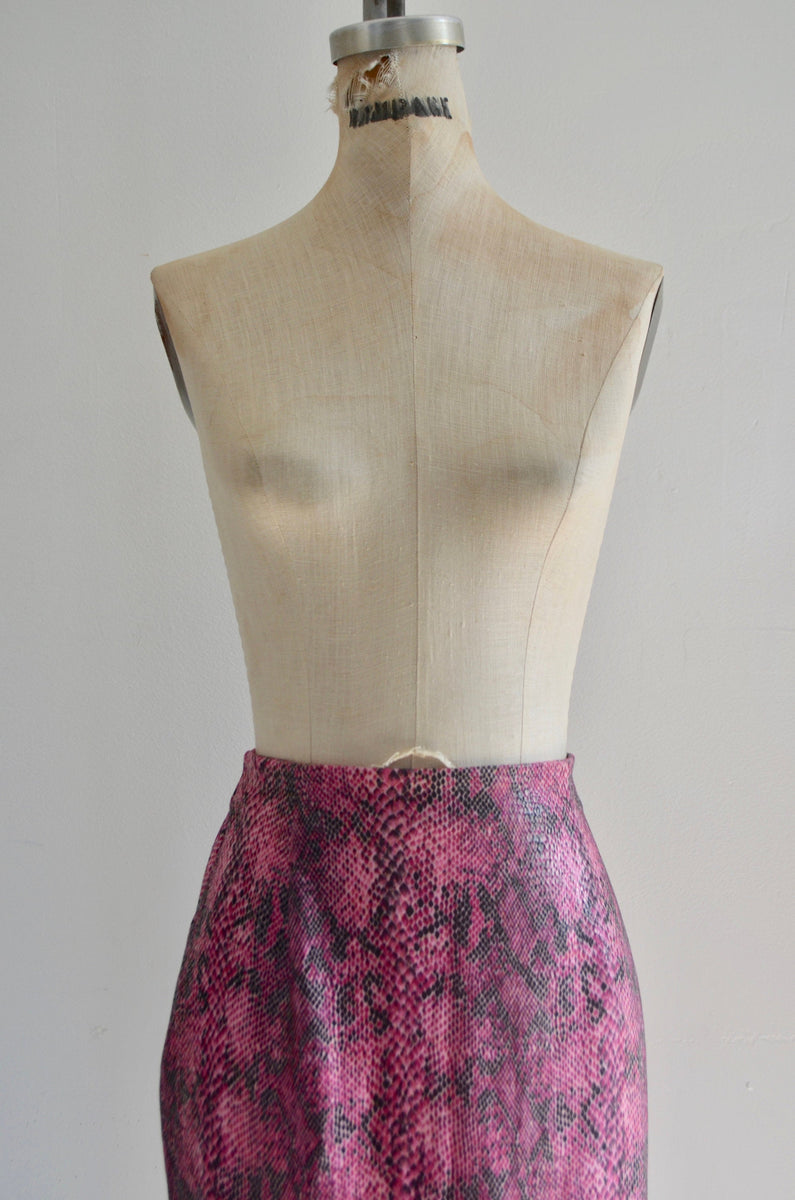 80S Neon Pink Snake Print Faux Suede Midi Skirt Fashion Style