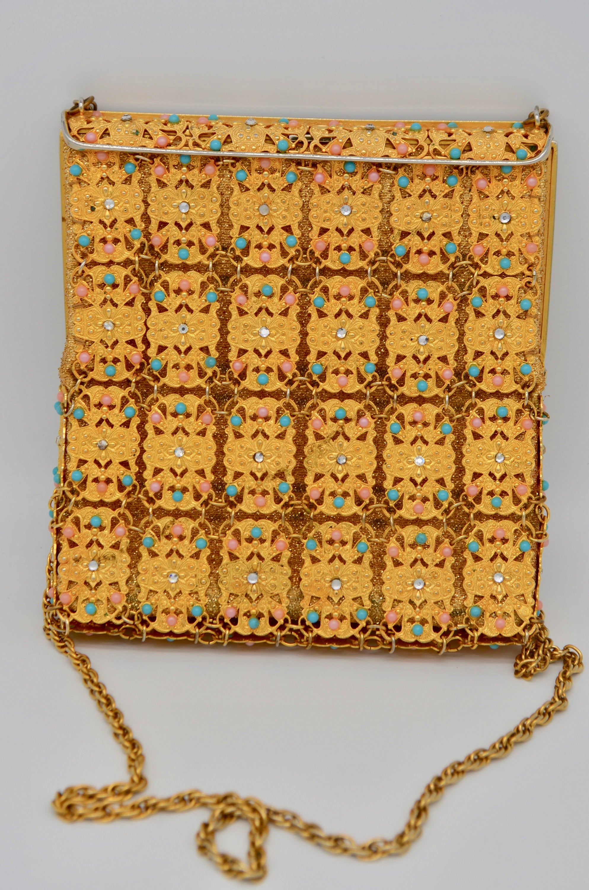 1960 French Gold Metal Lace Mesh Filigree Purse Beaded Antique Shoulder Bag