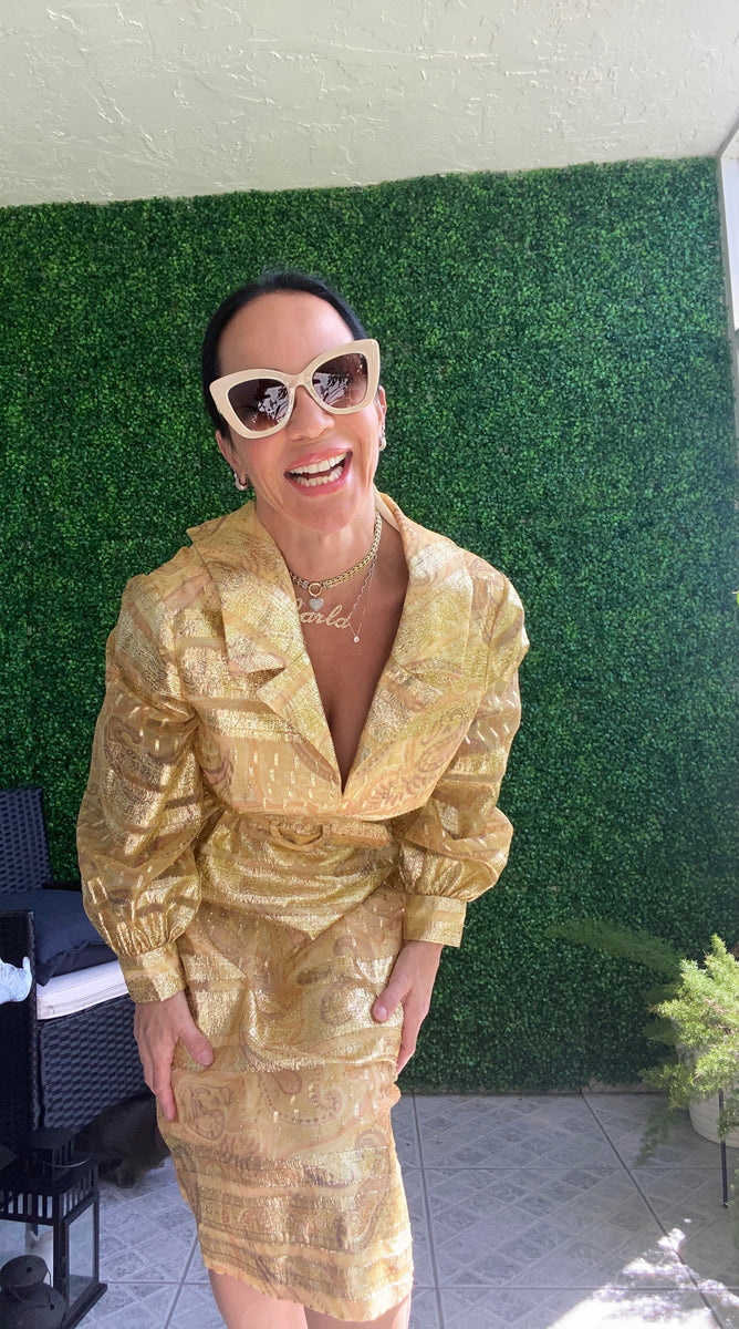 1970S Duvall's Metallic Gold Parsley Brocade Yellow Glitter Belted Hig – Cougar Vintage Shop