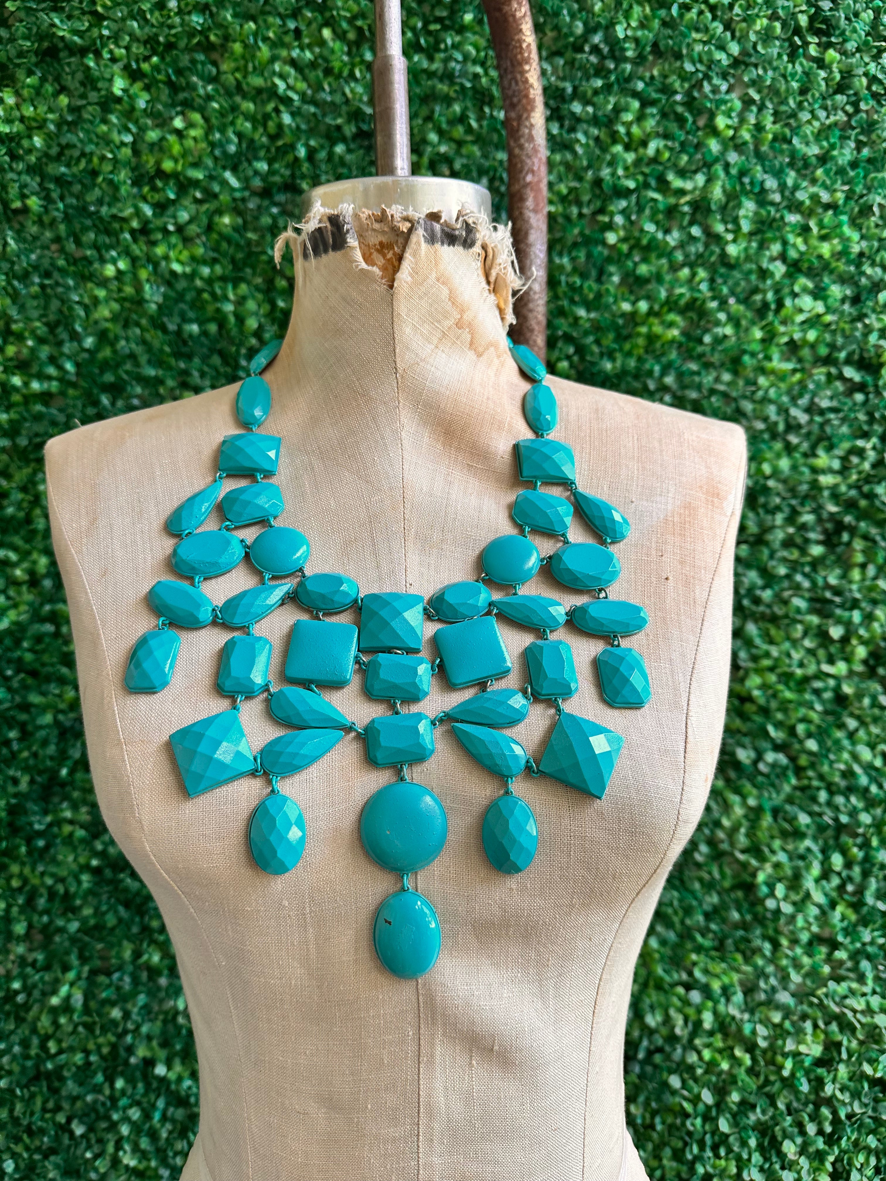 Teal layered Statement Necklace Turquoise Jewelry Beaded Crystals Faceted