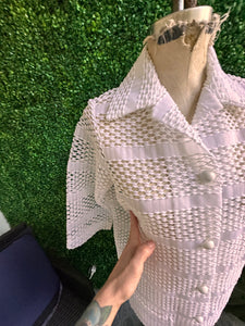 Vintage 70s White Sherry Miami Fla Swimsuit Cover up Dress Sheer Lace Collar Resin Buttons
