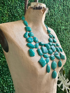 Teal layered Statement Necklace Turquoise Jewelry Beaded Crystals Faceted