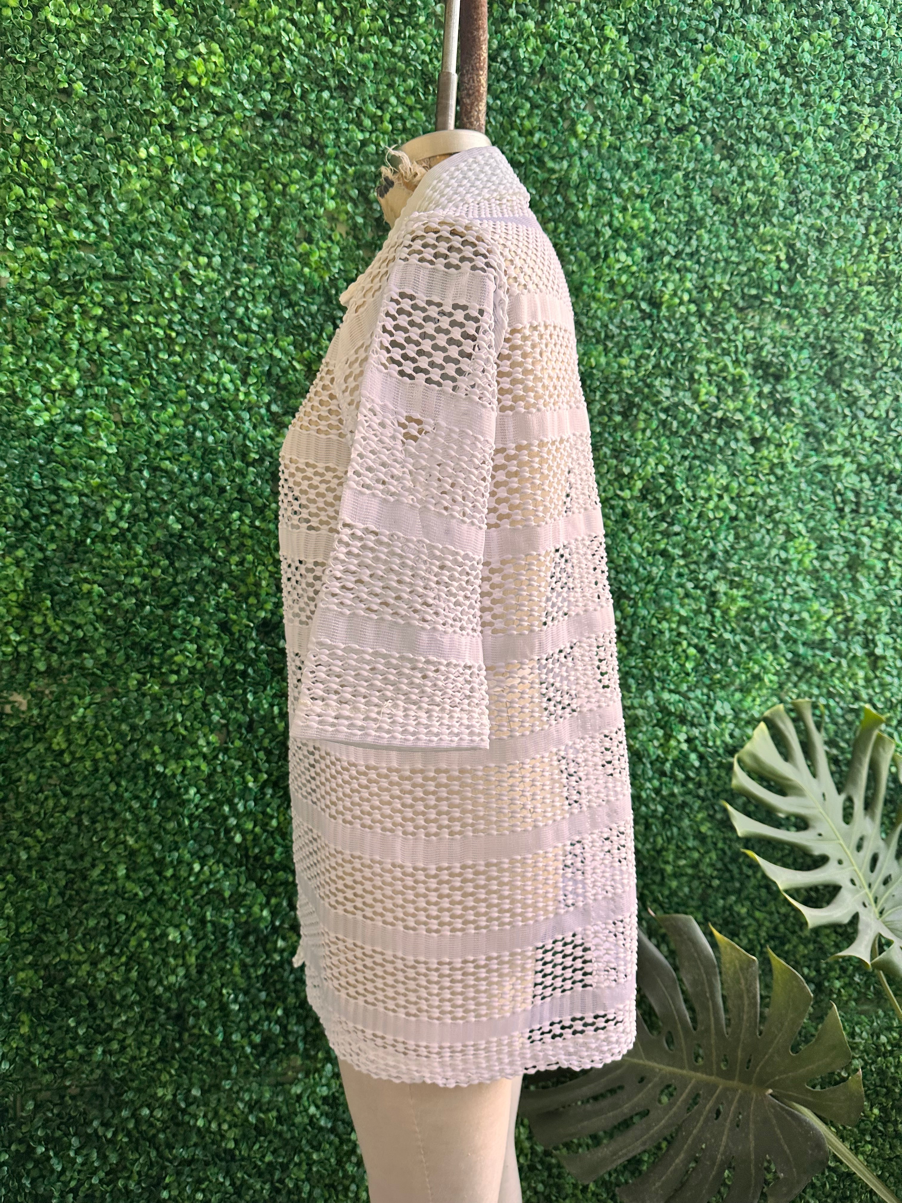 Vintage 70s White Sherry Miami Fla Swimsuit Cover up Dress Sheer Lace Collar Resin Buttons