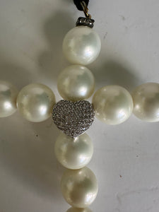 Genuine AAA Cultured Large White Pearl Cross Pendant, Zirconia Heart, leather strain