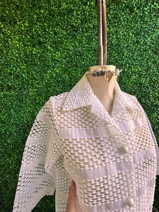 Vintage 70s White Sherry Miami Fla Swimsuit Cover up Dress Sheer Lace Collar Resin Buttons