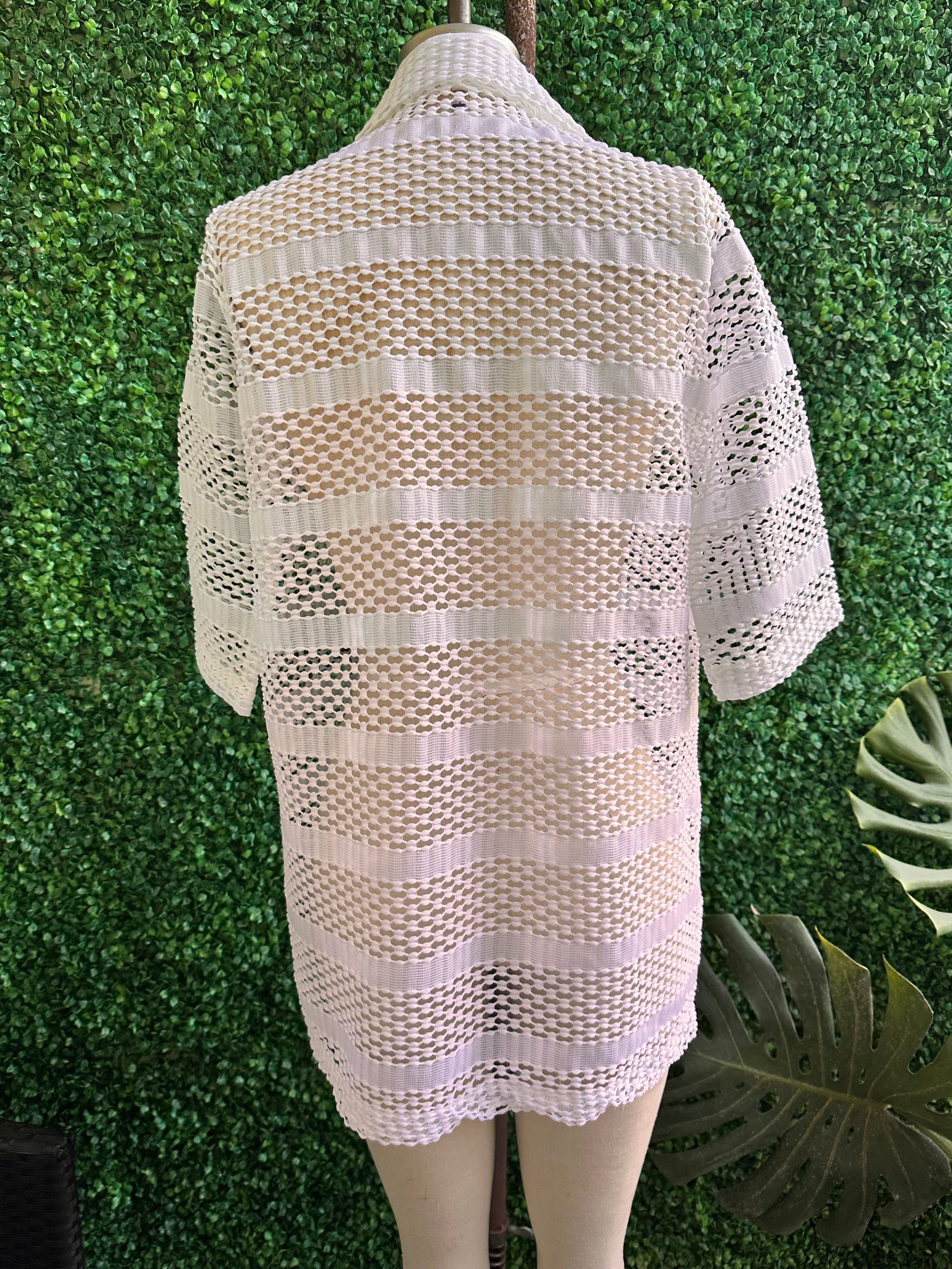 Vintage 70s White Sherry Miami Fla Swimsuit Cover up Dress Sheer Lace Collar Resin Buttons