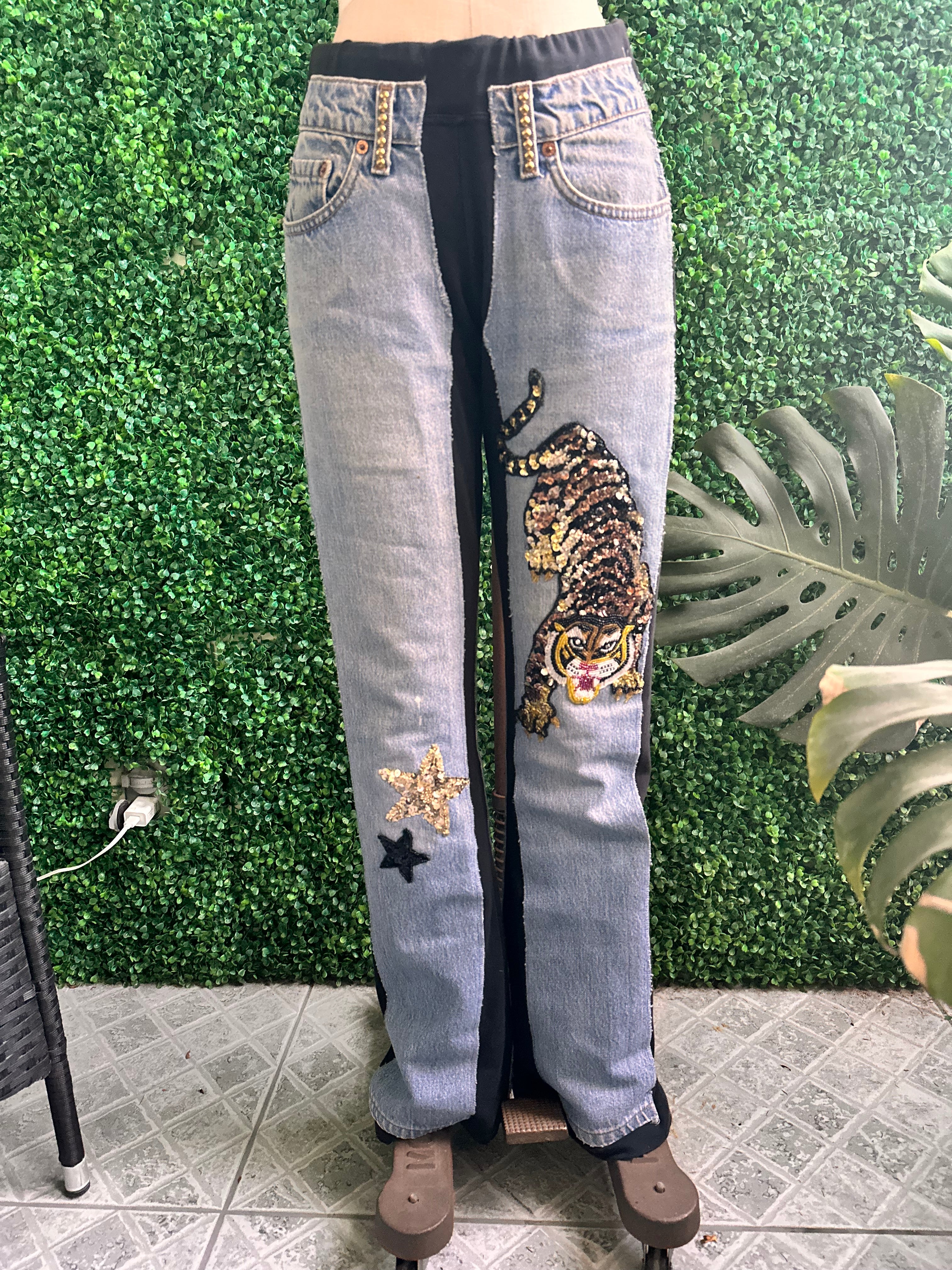 Bejeweled Susan Fixel Original Sweatpant Jeans Stretch Tiger Beads and Sequins Size M