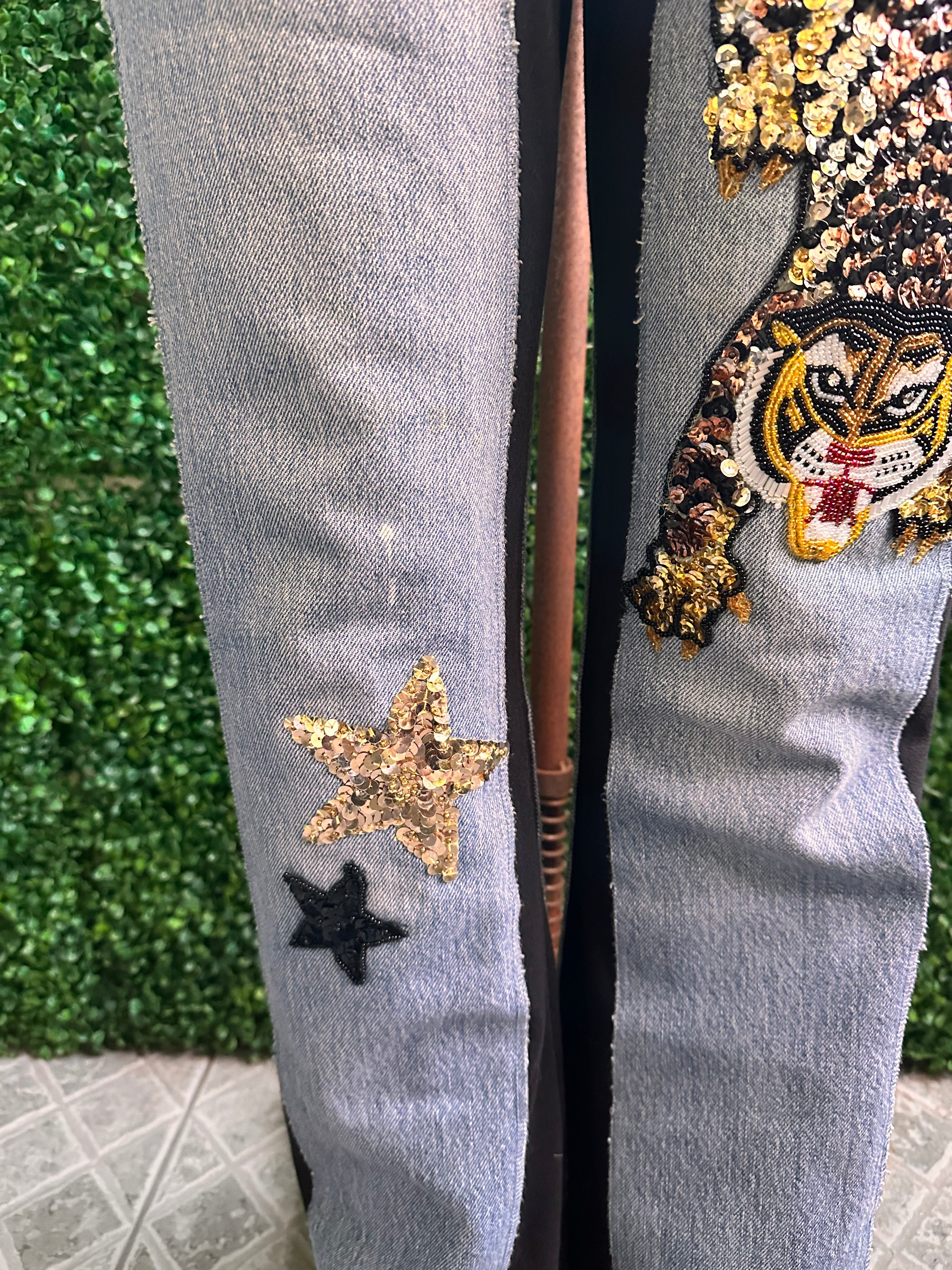 Bejeweled Susan Fixel Original Sweatpant Jeans Stretch Tiger Beads and Sequins Size M