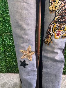 Bejeweled Susan Fixel Original Sweatpant Jeans Stretch Tiger Beads and Sequins Size M
