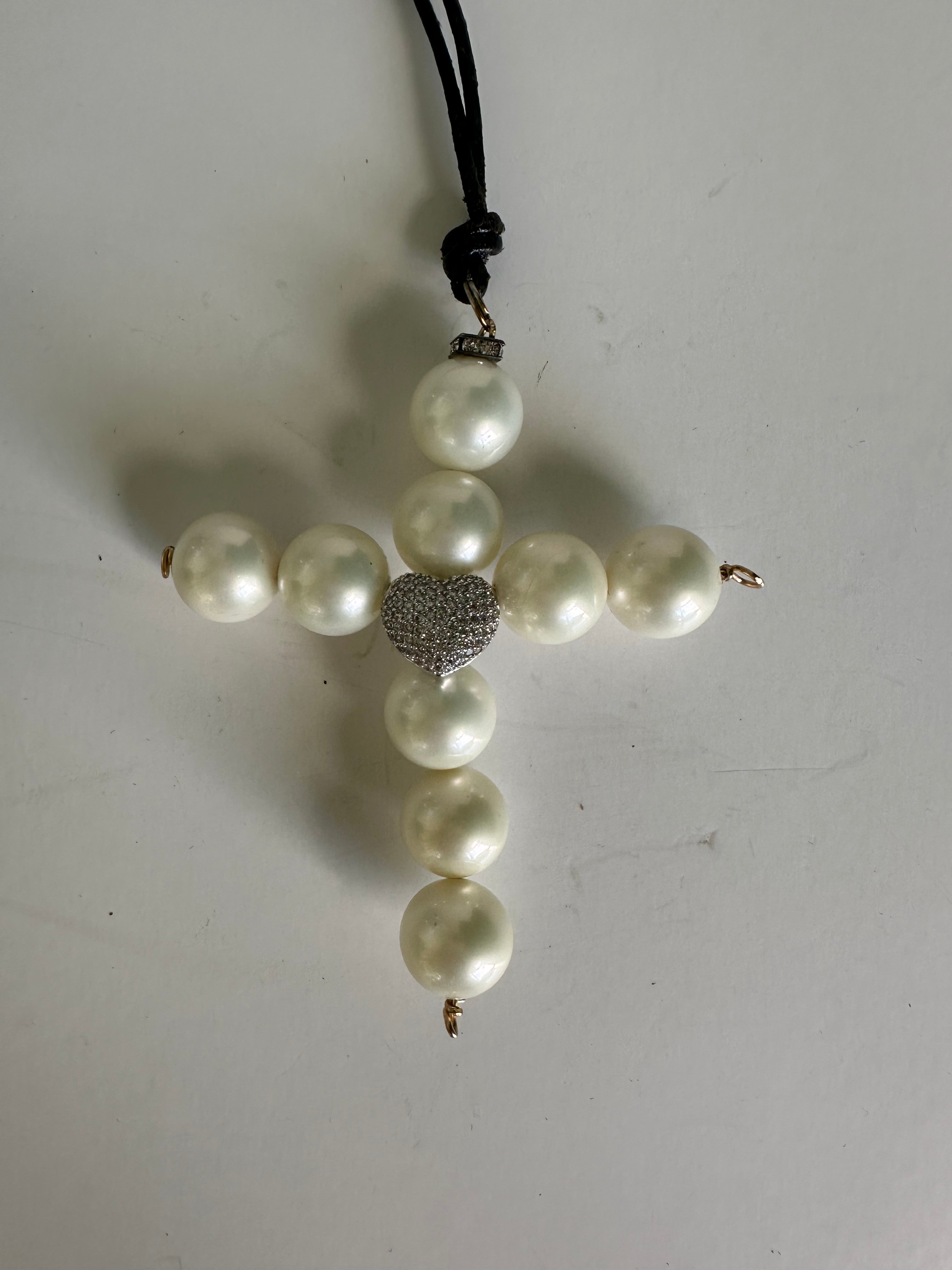 Genuine AAA Cultured Large White Pearl Cross Pendant, Zirconia Heart, leather strain