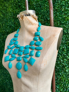 Teal layered Statement Necklace Turquoise Jewelry Beaded Crystals Faceted