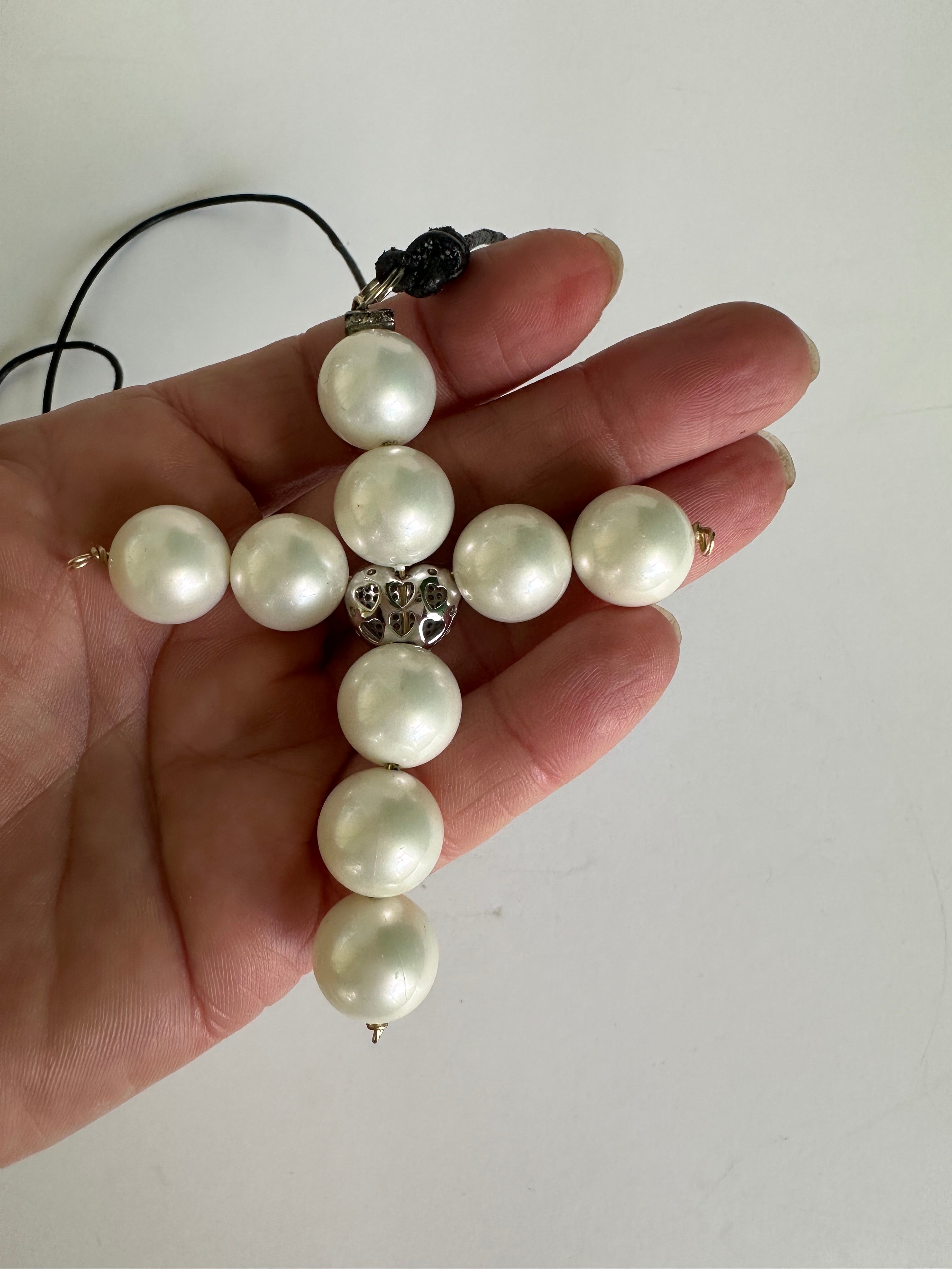 Genuine AAA Cultured Large White Pearl Cross Pendant, Zirconia Heart, leather strain