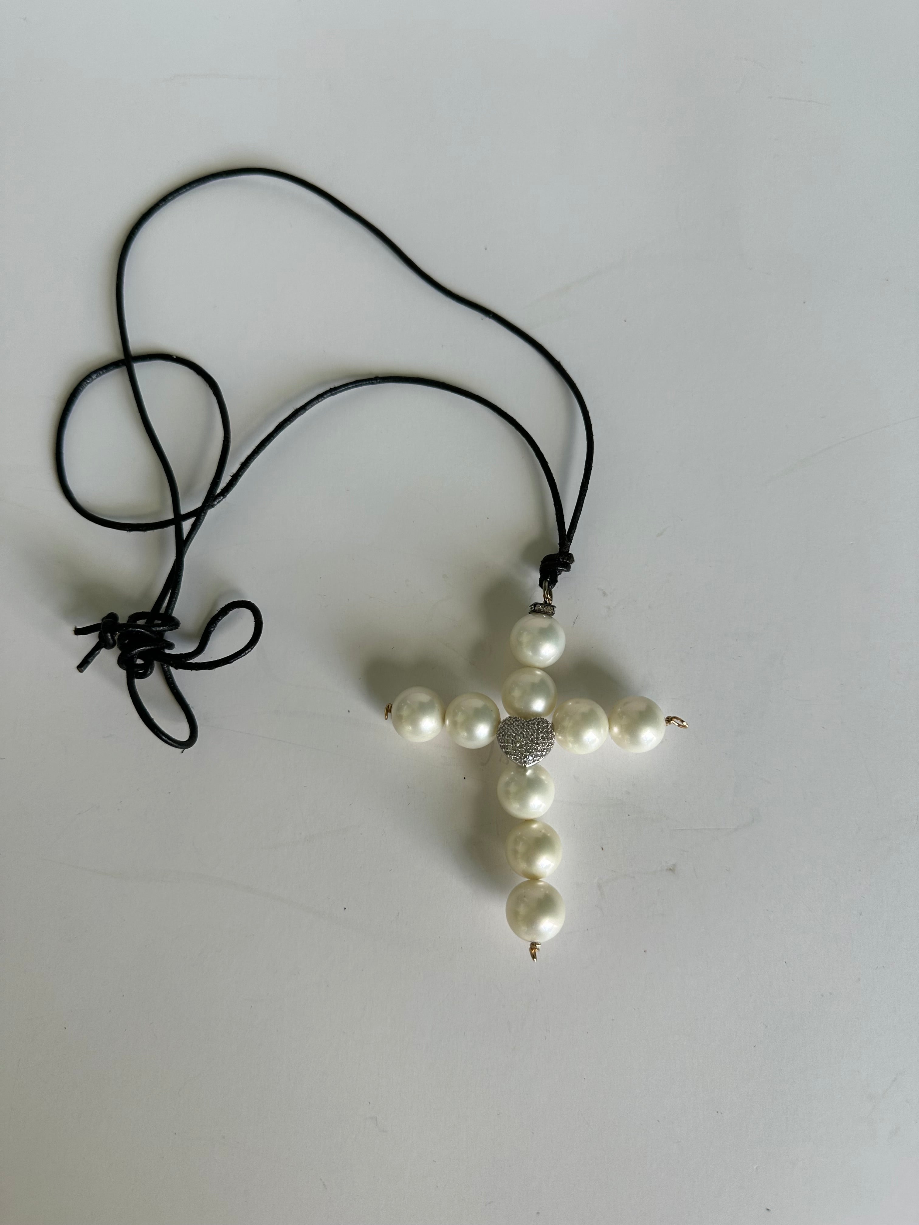 Genuine AAA Cultured Large White Pearl Cross Pendant, Zirconia Heart, leather strain