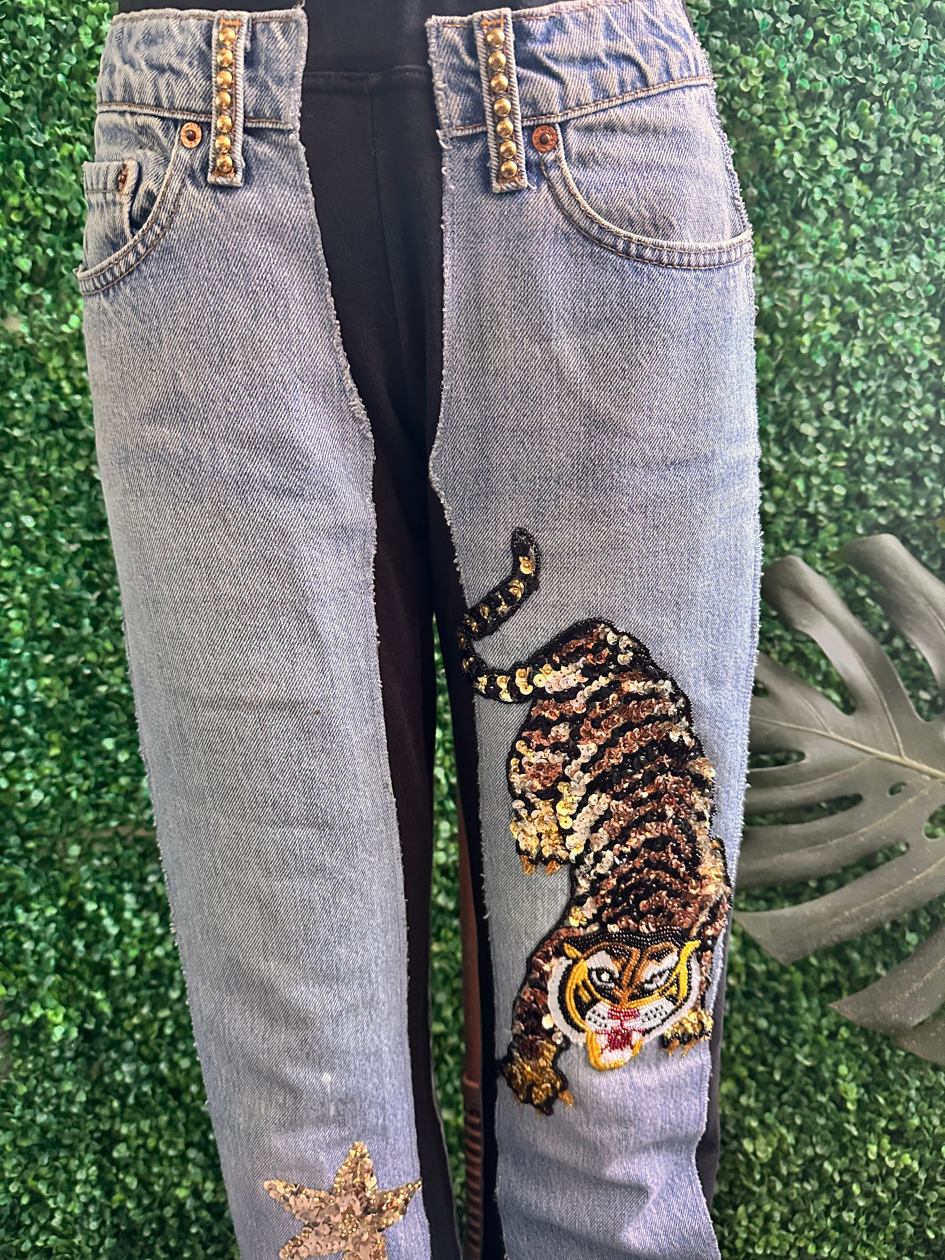 Bejeweled Susan Fixel Original Sweatpant Jeans Stretch Tiger Beads and Sequins Size M