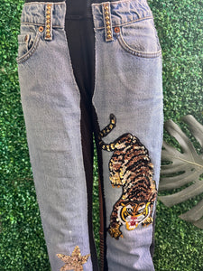 Bejeweled Susan Fixel Original Sweatpant Jeans Stretch Tiger Beads and Sequins Size M