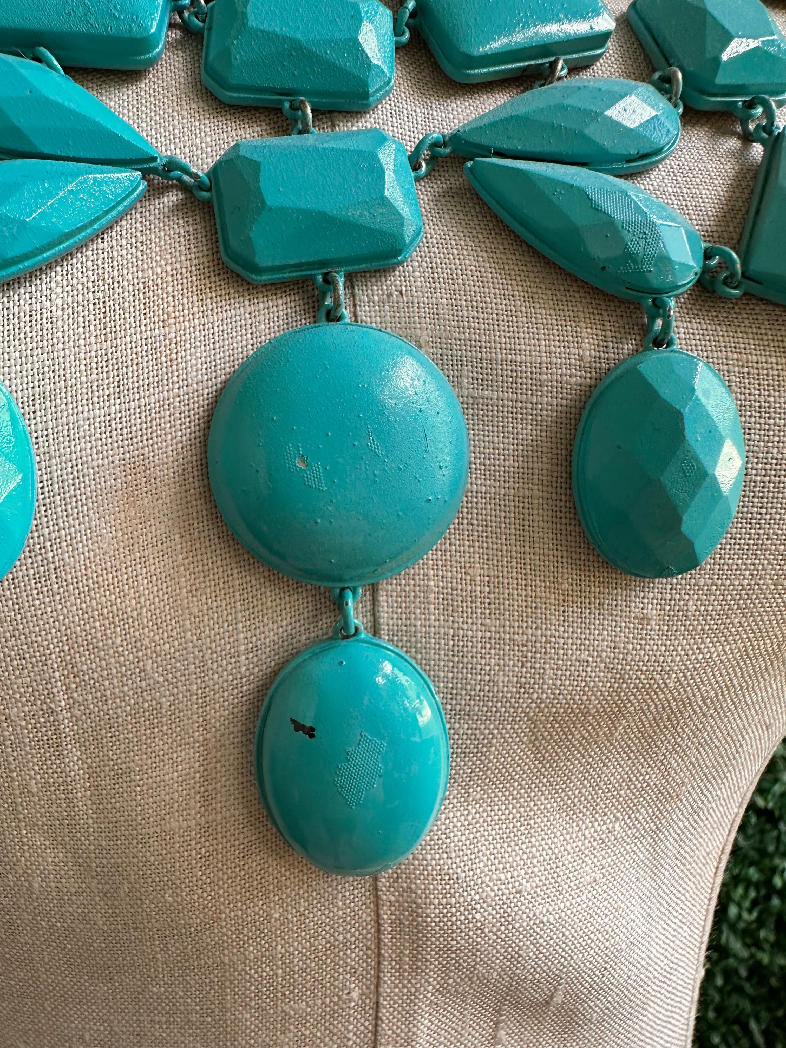 Teal layered Statement Necklace Turquoise Jewelry Beaded Crystals Faceted