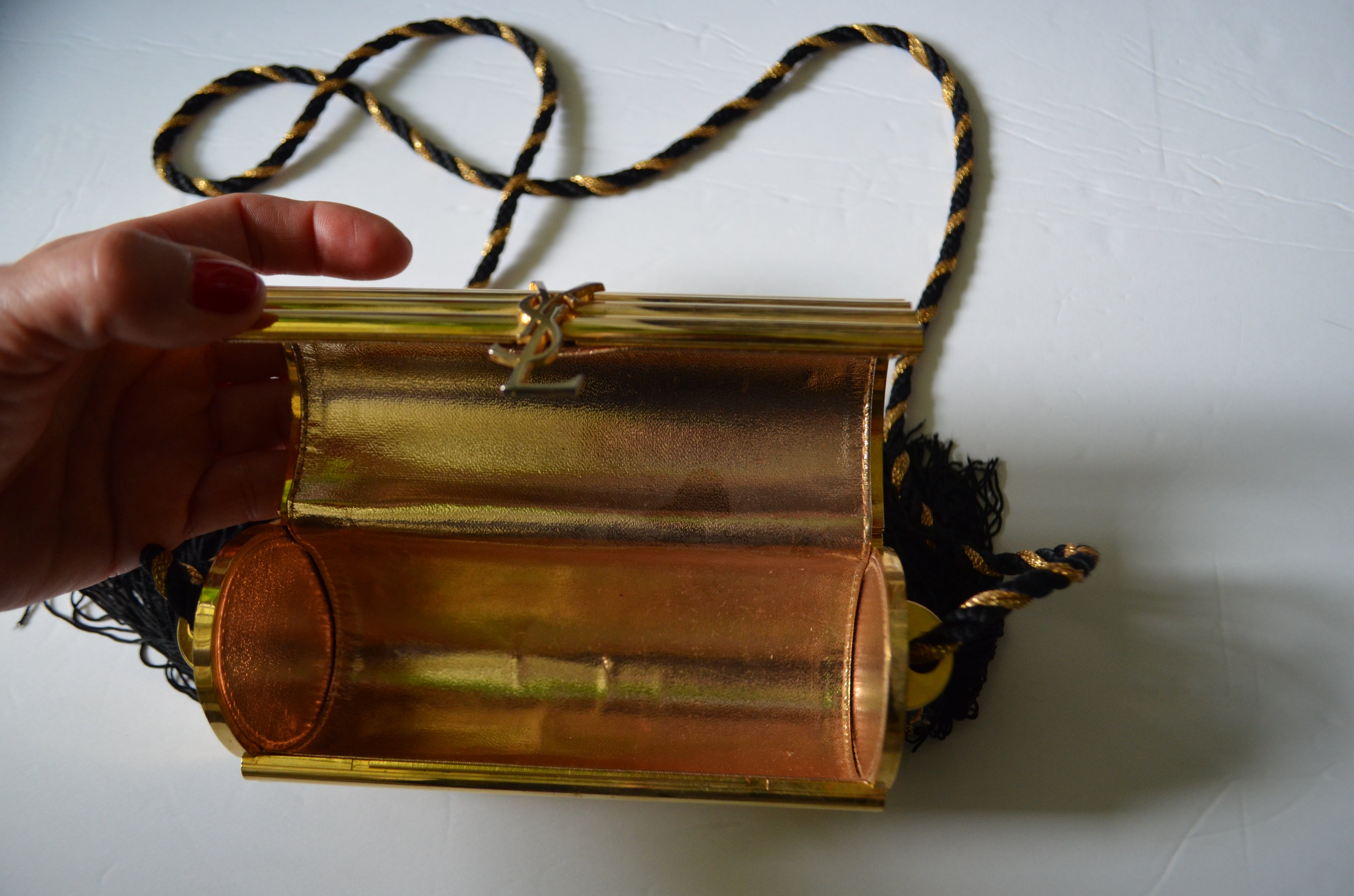 YSL Vintage Collector Gold Minaudière black tassel passementerie 80s -  Katheley's