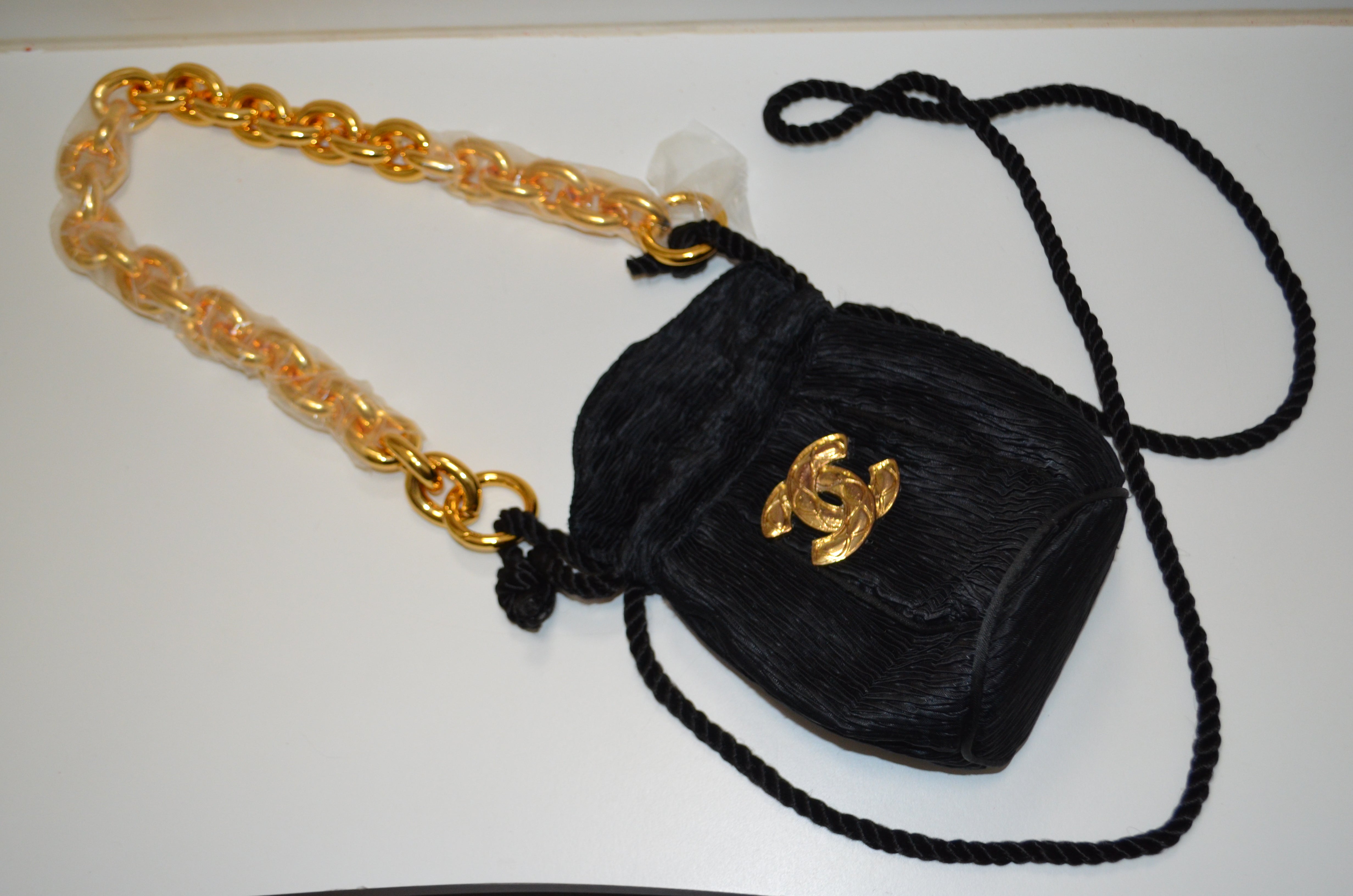 Inspired CC Brooch Black tote Pouch drawstring miniature chain handle bag