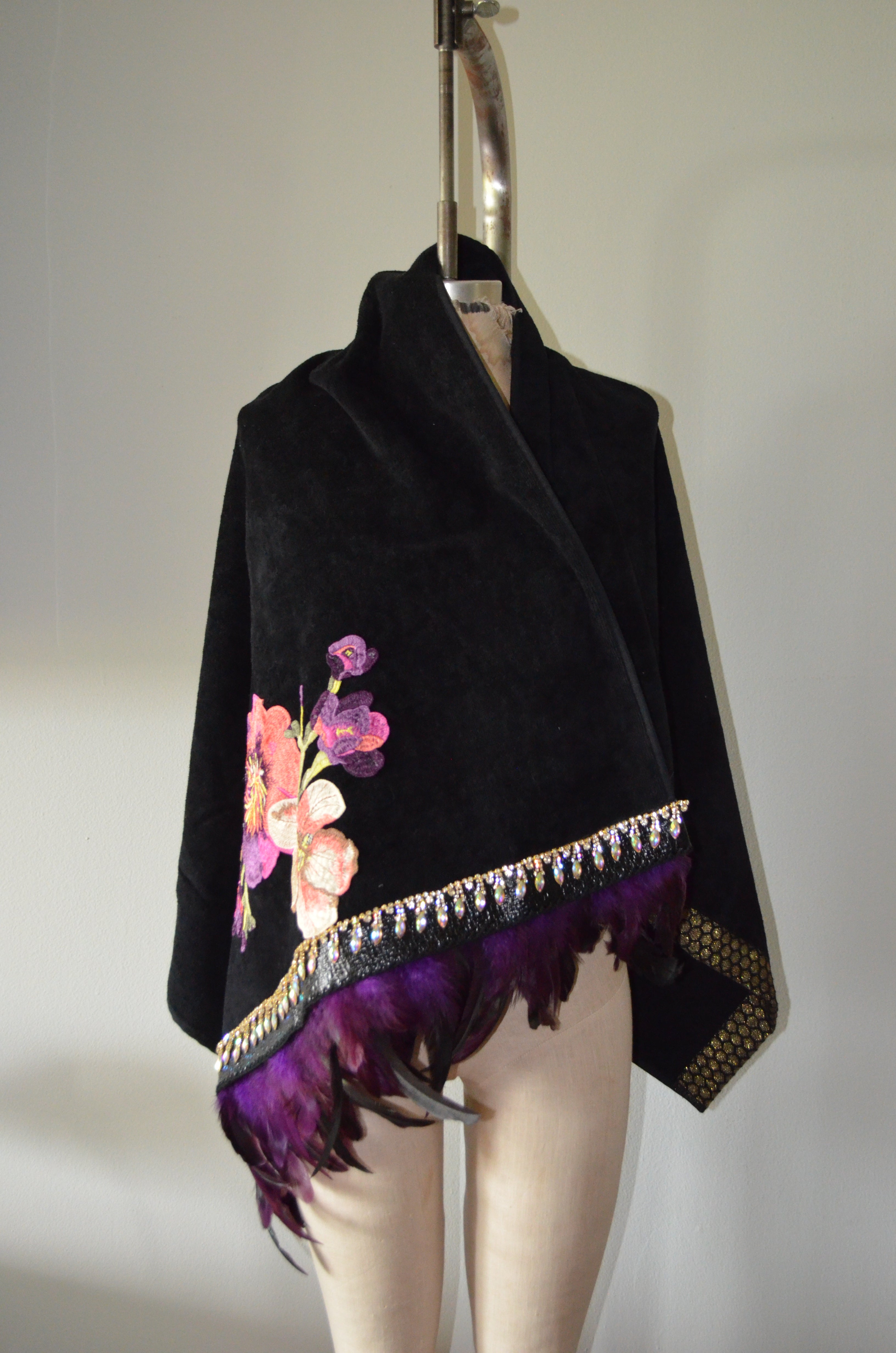 New Black cotton BEBE Towel Embroidery with Cystals and Feather fringe Decor Shawl