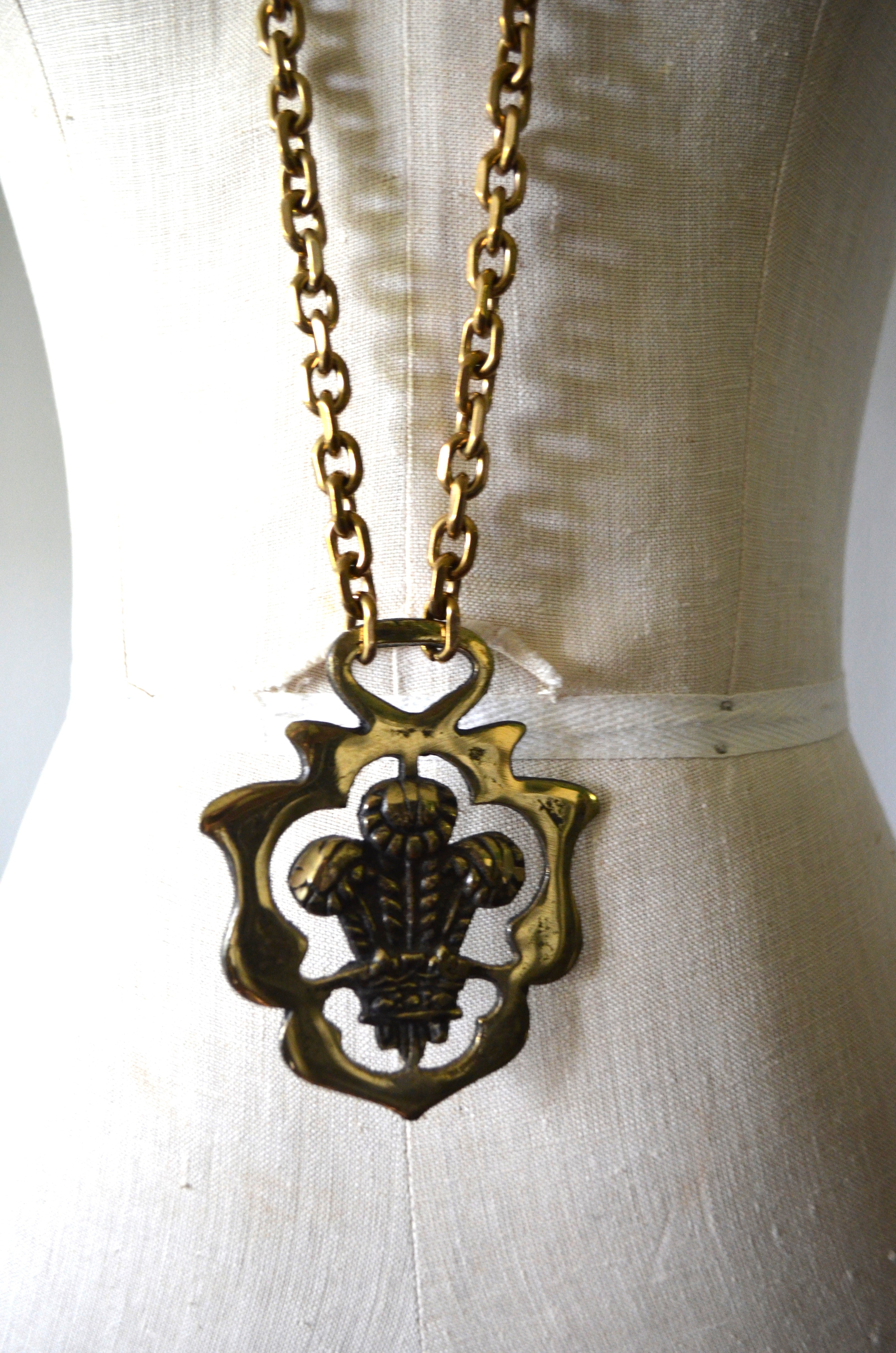 Vintage Statement Brass Embossed Flowers Shield Pendant Design Long Necklace