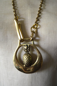 Vintage Statement Brass Embossed Pineapple Shield Pendant Design Long Necklace
