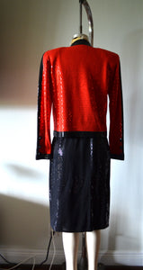 ST. JOHN Evening Paillettes Sequined Knit Suit Jacket black and red