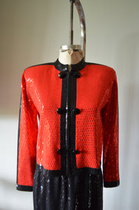 ST. JOHN Evening Paillettes Sequined Knit Suit Jacket black and red