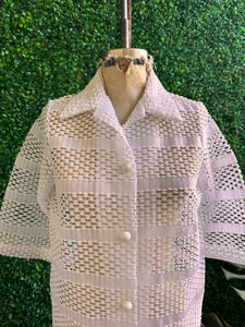 Vintage 70s White Sherry Miami Fla Swimsuit Cover up Dress Sheer Lace Collar Resin Buttons