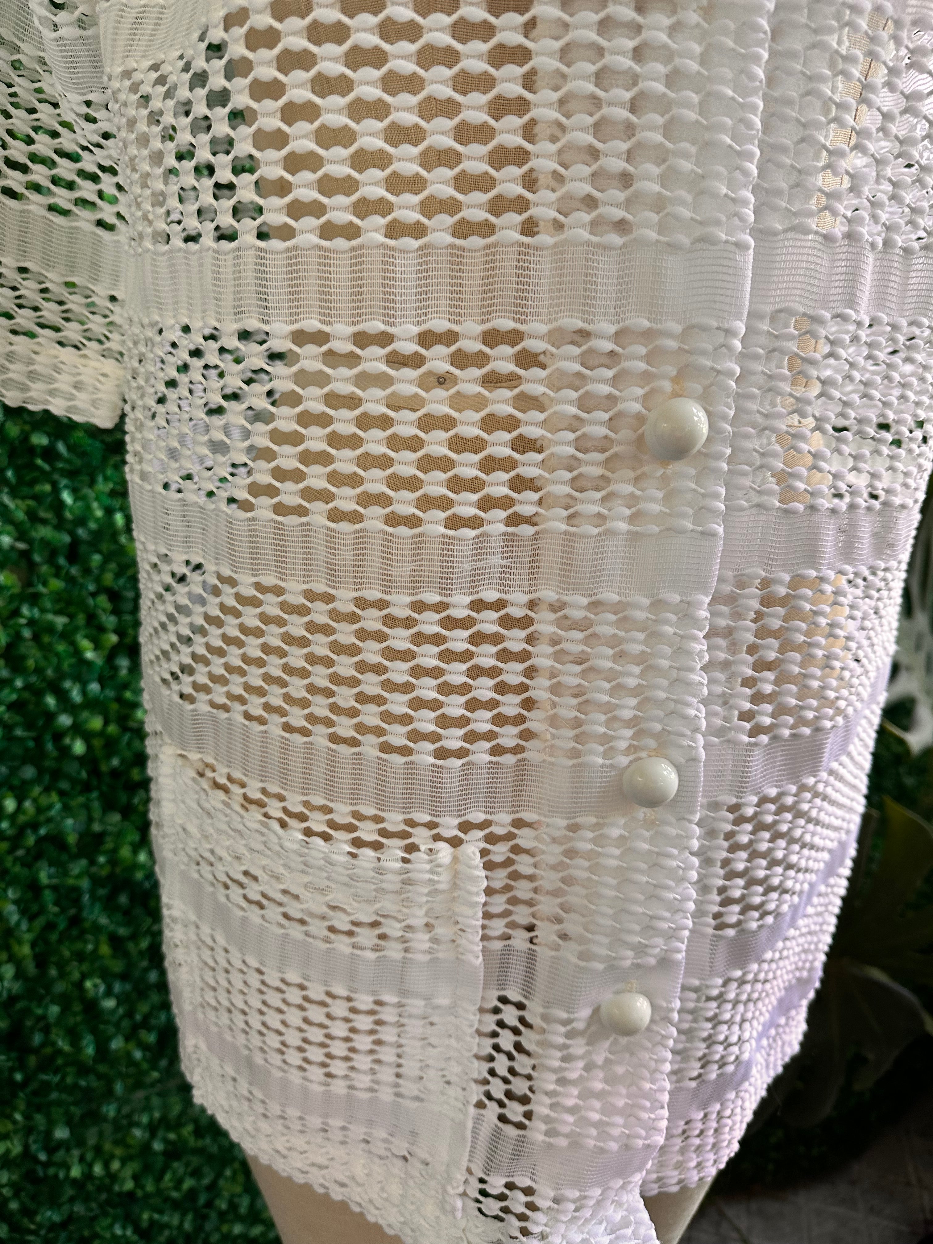 Vintage 70s White Sherry Miami Fla Swimsuit Cover up Dress Sheer Lace Collar Resin Buttons