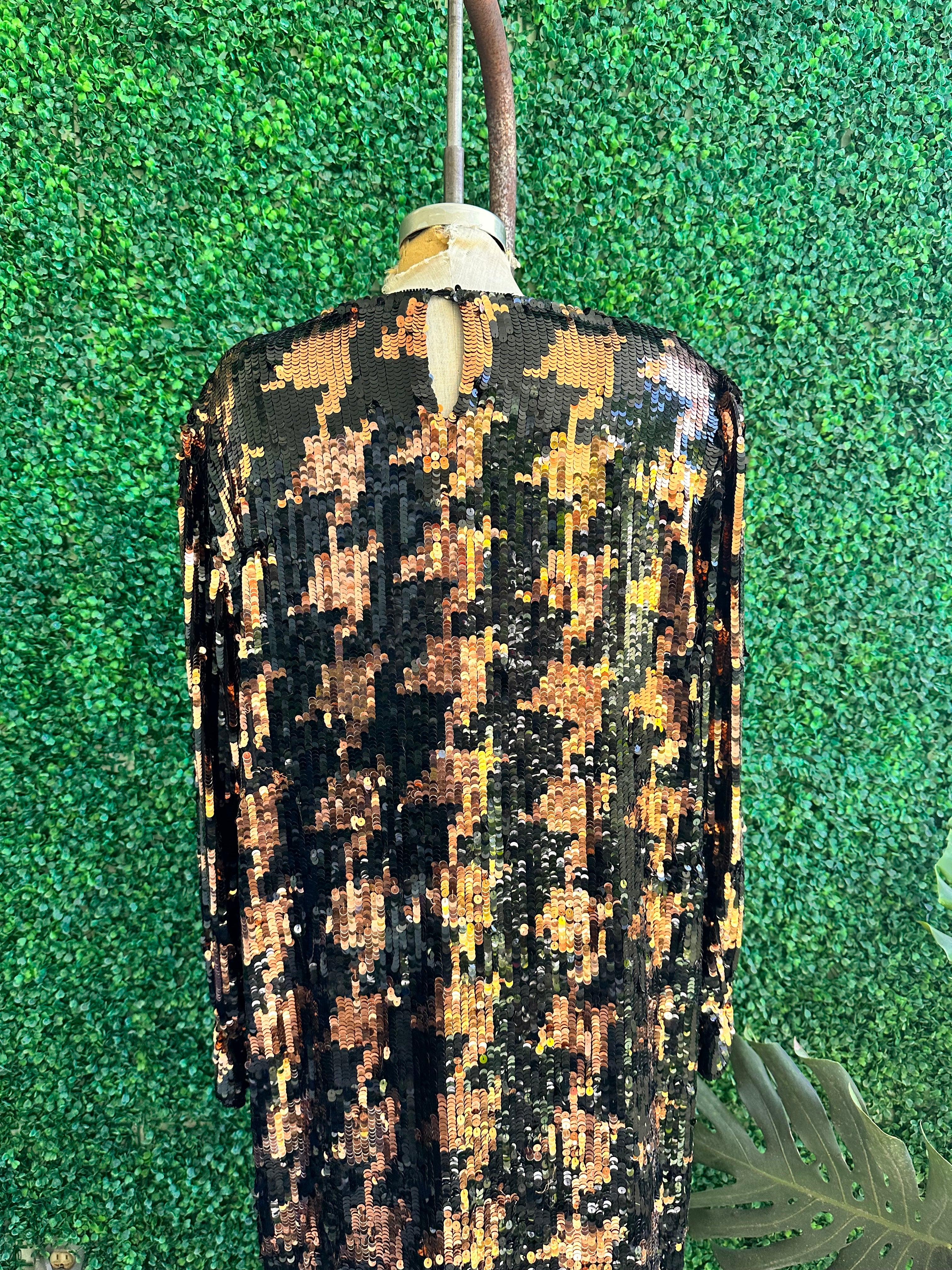 Vintage Argenti Black and Copper Sequins Long Silk Dress Plus