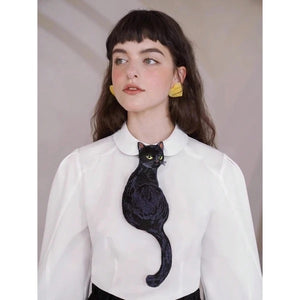 NWT Women Embroidery black Cat Colar Bow Tie Necktie