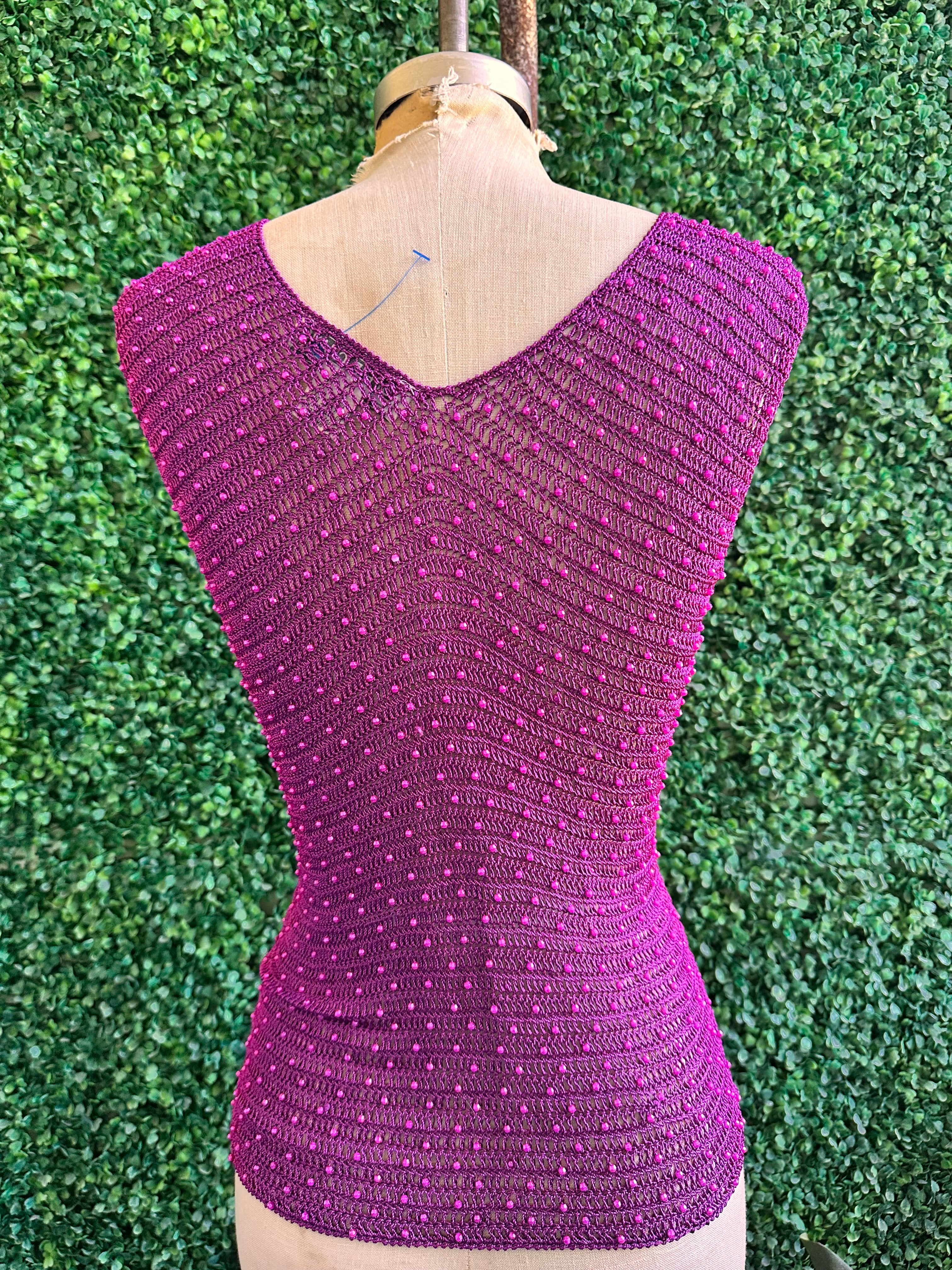 Pink lace crochet tank top with pink pearls