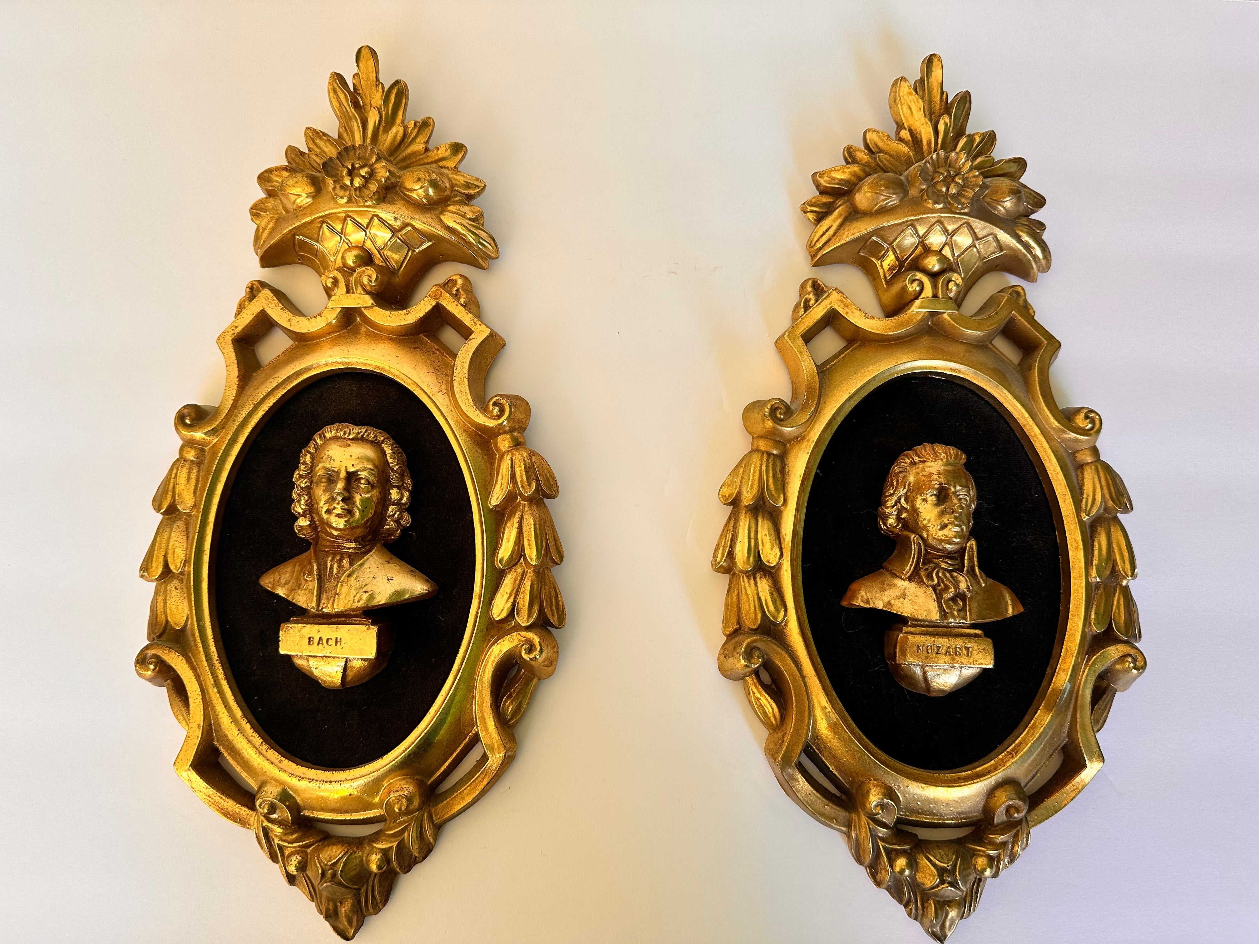 Rare Roberta Wood Italian gold Mozart and Bach wood sculpture hand carved baroque frame set of 2