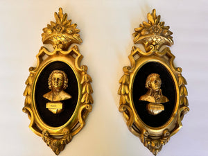 Rare Roberta Wood Italian gold Mozart and Bach wood sculpture hand carved baroque frame set of 2
