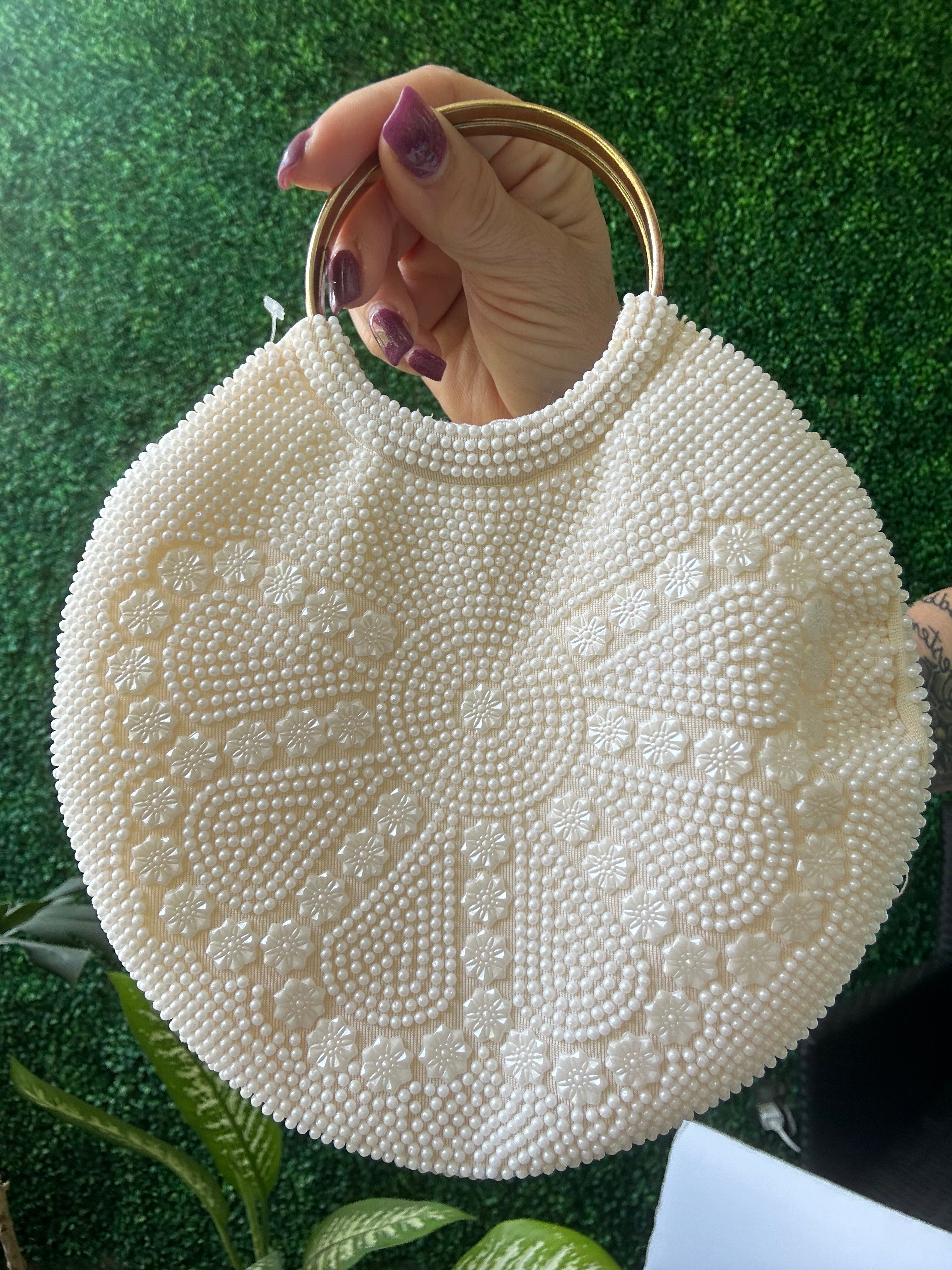 Vintage Off White Pearlescent Seed Beaded Round Handbag Floral Purse Cocktail