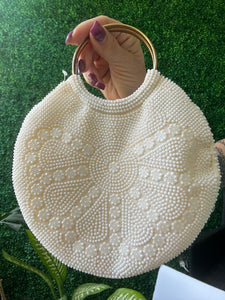 Vintage Off White Pearlescent Seed Beaded Round Handbag Floral Purse Cocktail