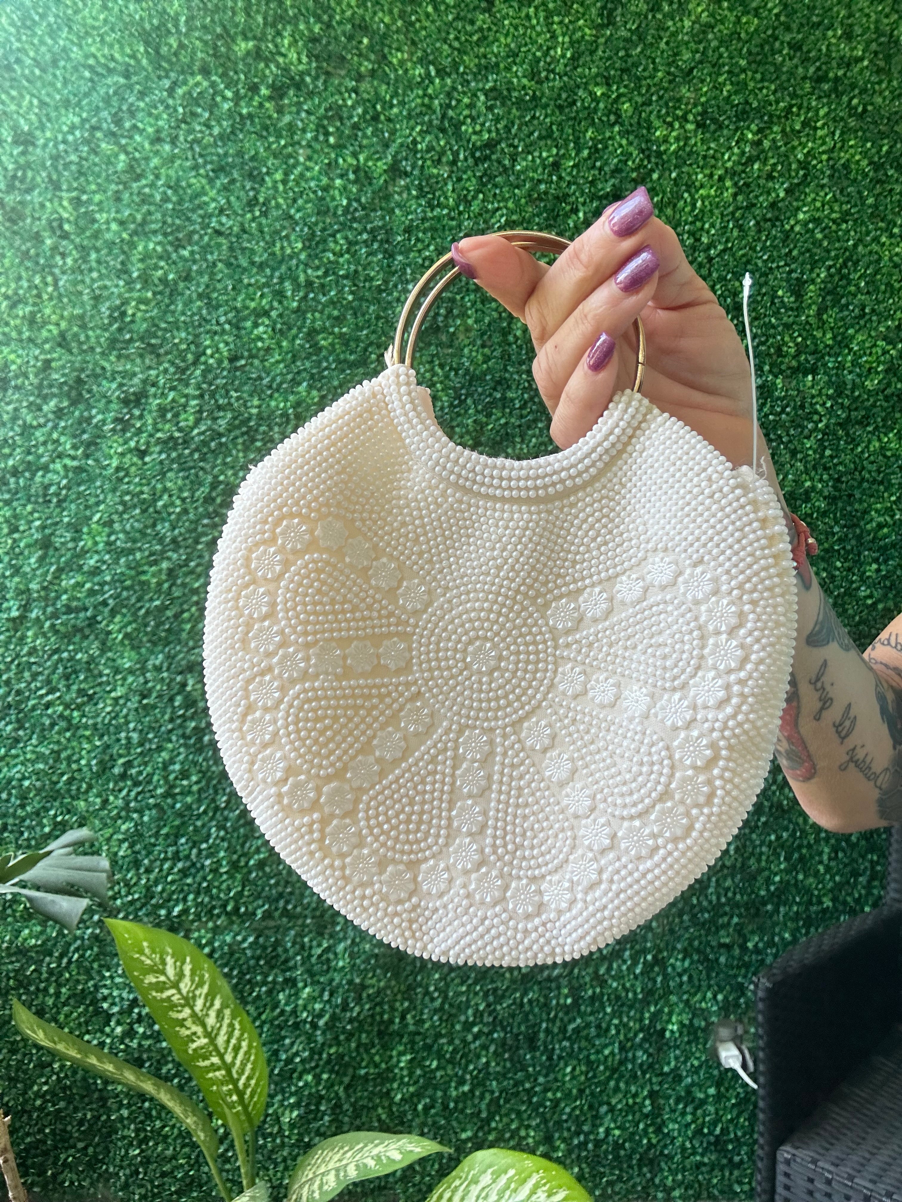 Vintage Off White Pearlescent Seed Beaded Round Handbag Floral Purse Cocktail