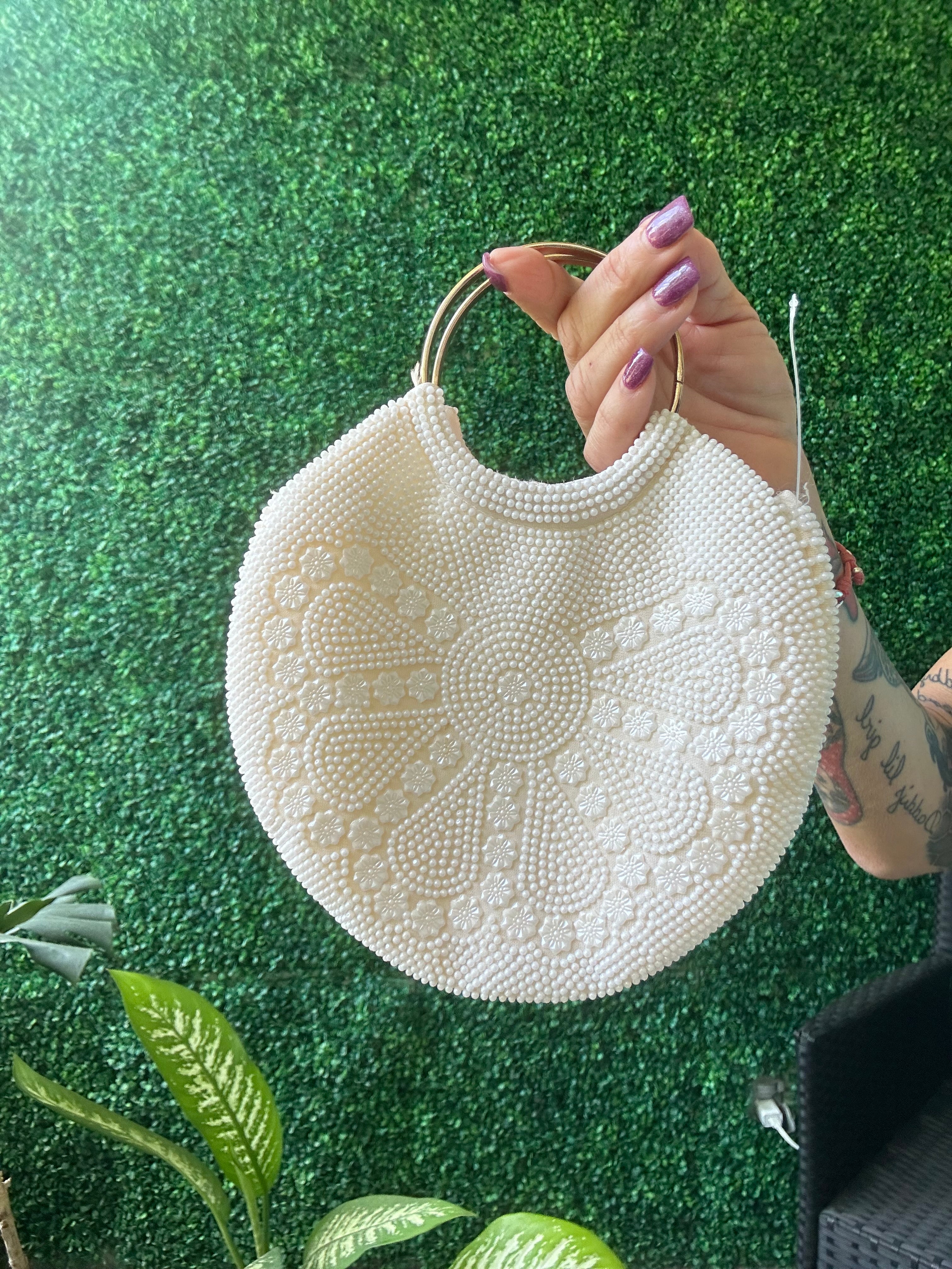 Vintage Off White Pearlescent Seed Beaded Round Handbag Floral Purse Cocktail