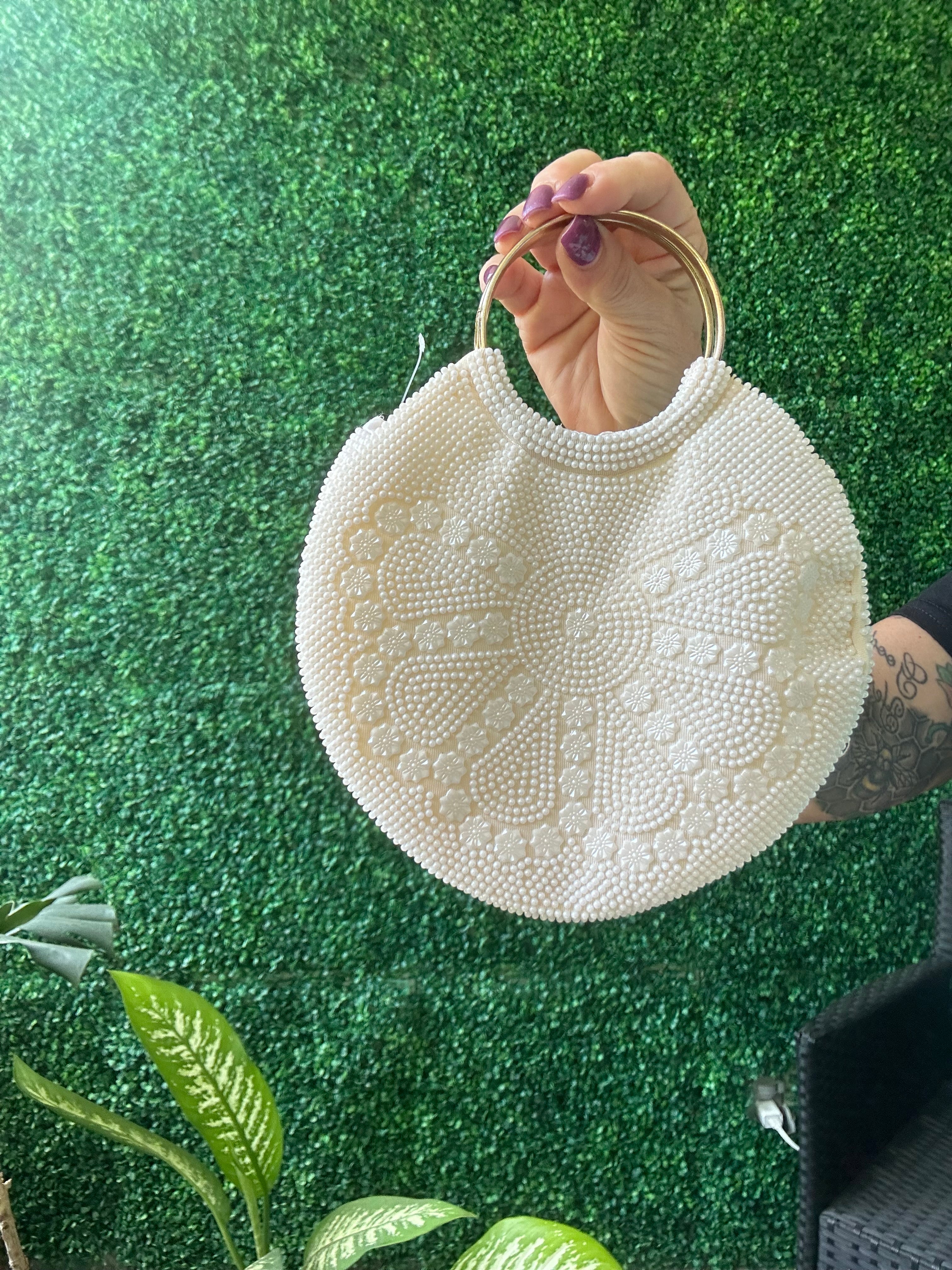 Vintage Off White Pearlescent Seed Beaded Round Handbag Floral Purse Cocktail