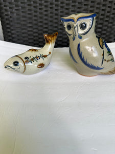 Vintage Tonala Mexico Ceramic Fish and Owl Poterry Decorative Ceramic Set