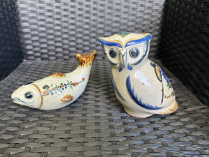 Vintage Tonala Mexico Ceramic Fish and Owl Poterry Decorative Ceramic Set