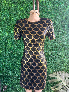 Vintage golden black scallop sequins mini dress