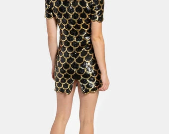 Vintage golden black scallop sequins mini dress