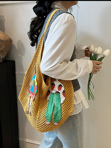 NWT Summer yellow woven crochet net embroidery tote bag