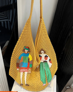NWT Summer yellow woven crochet net embroidery tote bag