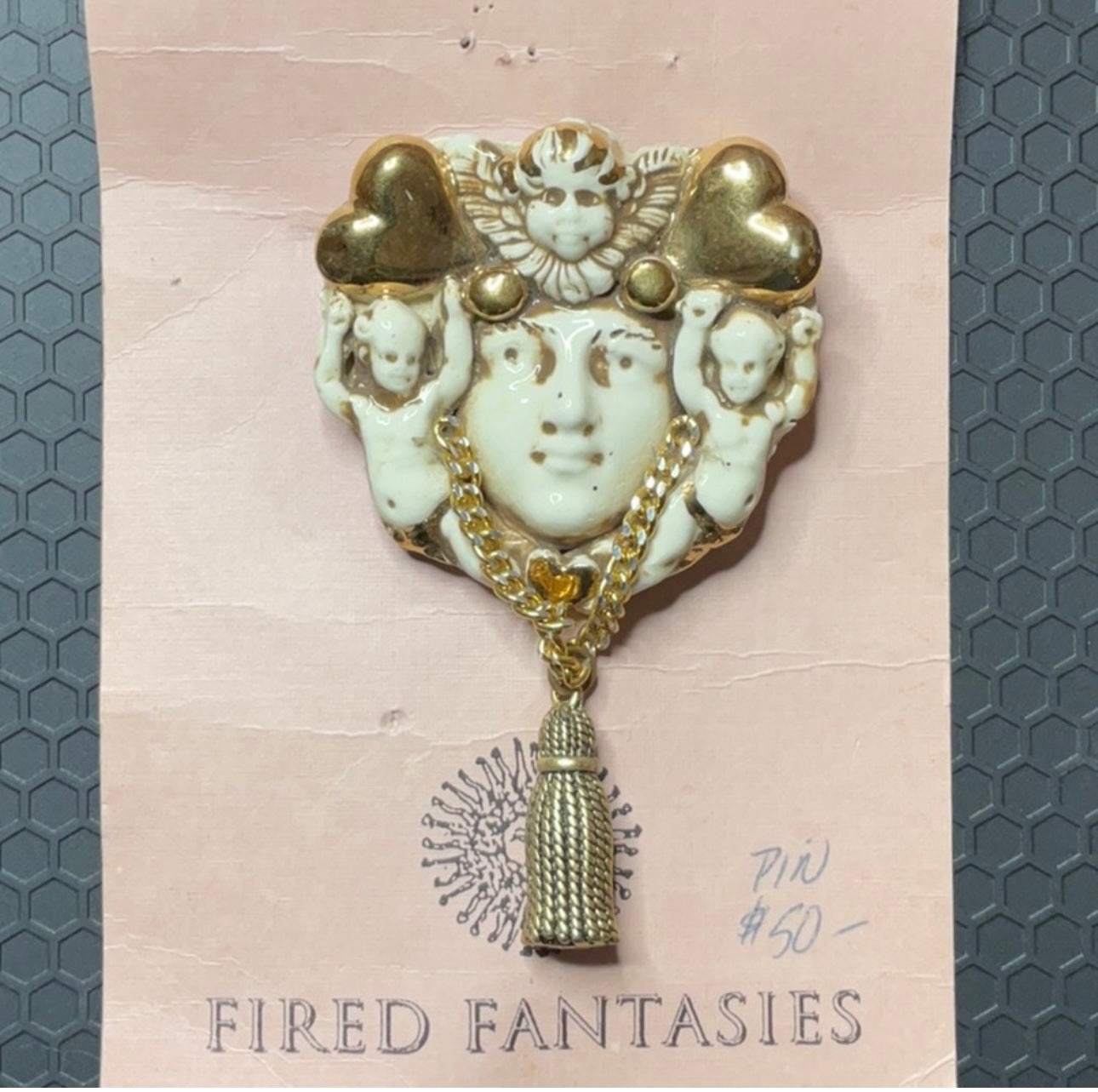 NWT FIRED FANTASIES fire stoneware artist made pin brooch cream and gold Rare