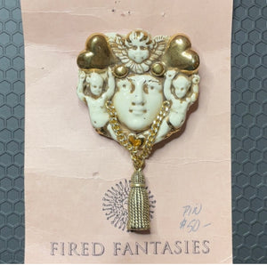 NWT FIRED FANTASIES fire stoneware artist made pin brooch cream and gold Rare