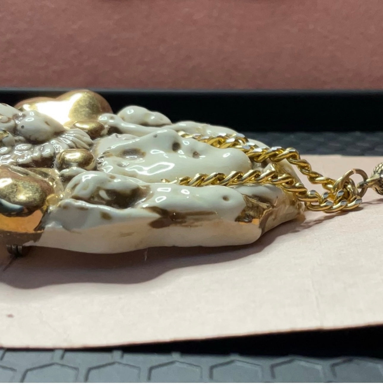 NWT FIRED FANTASIES fire stoneware artist made pin brooch cream and gold Rare