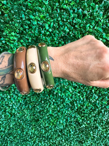 Chunky Lucite Bangle Bracelet Rhinestones Vanilla Cream, brown and Deep green set of 3